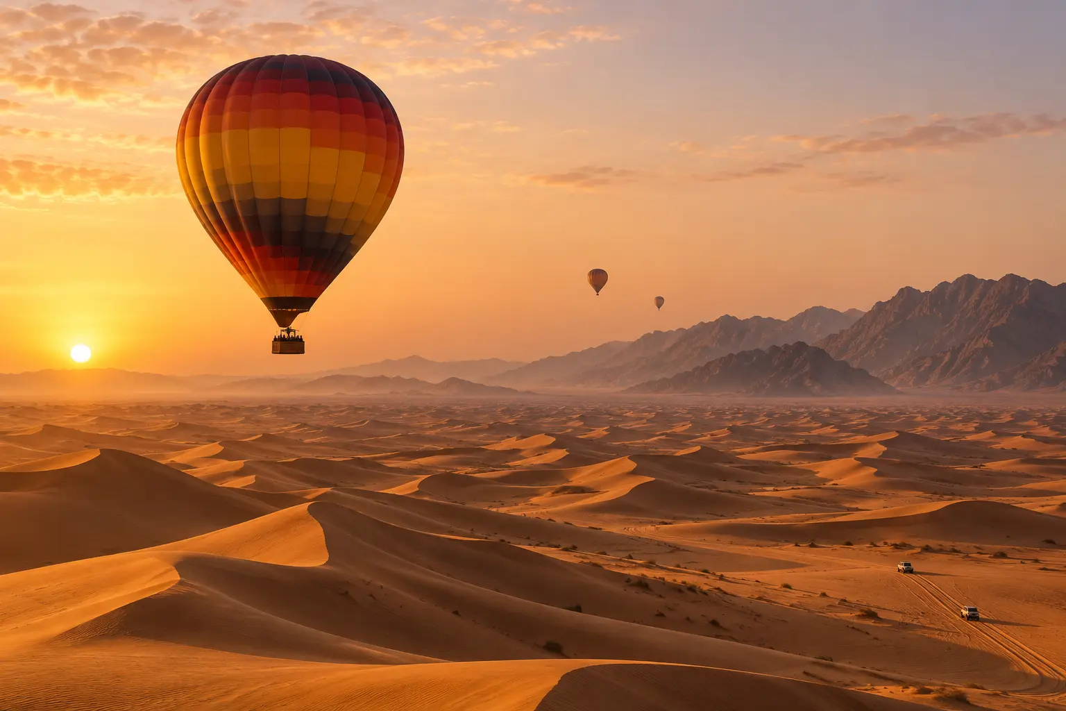 Hot-air balloon rising over desert dunes at sunrise