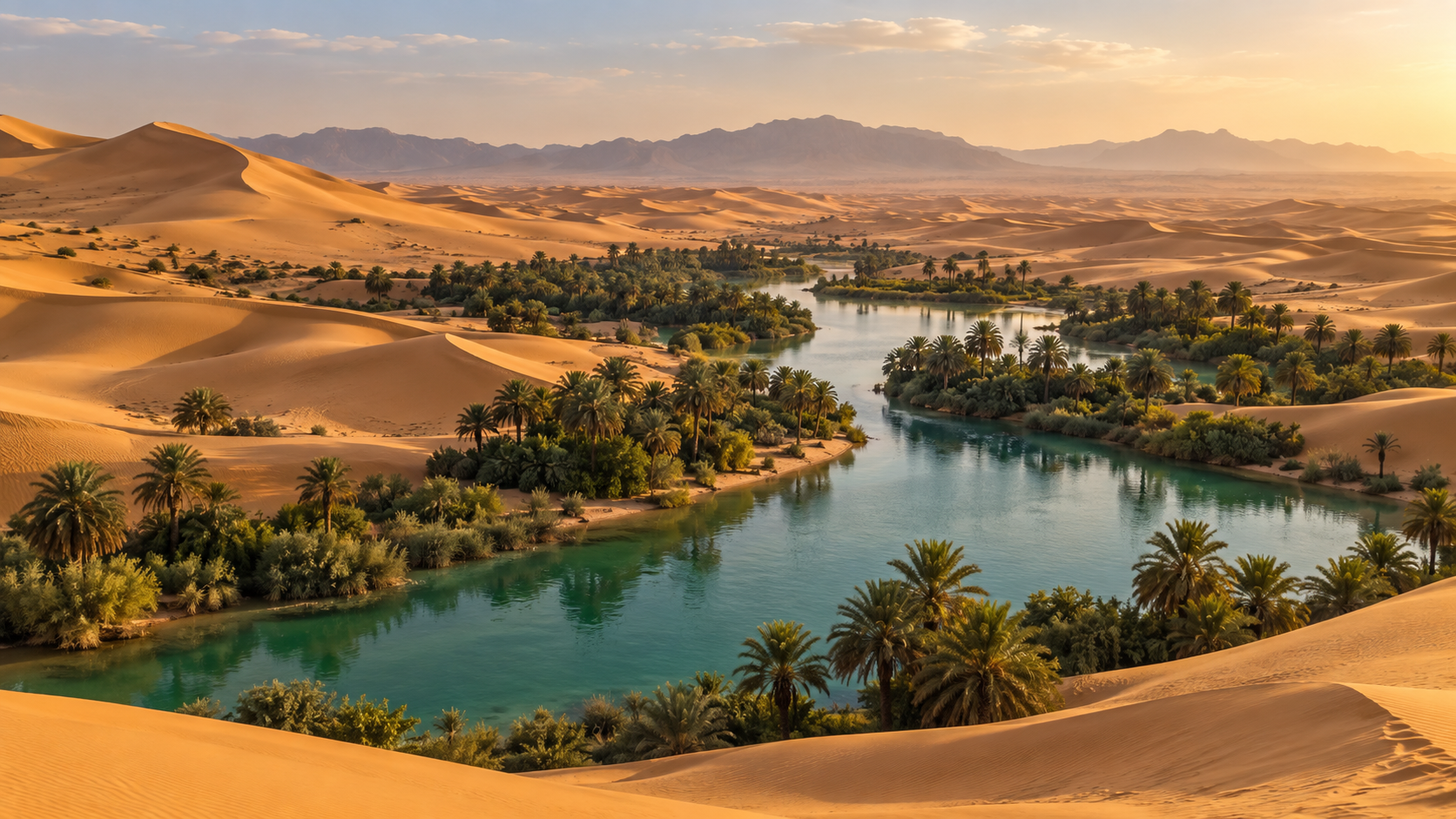 Aerial view of palm vegetation and water surrounded by Liwa desert dunes