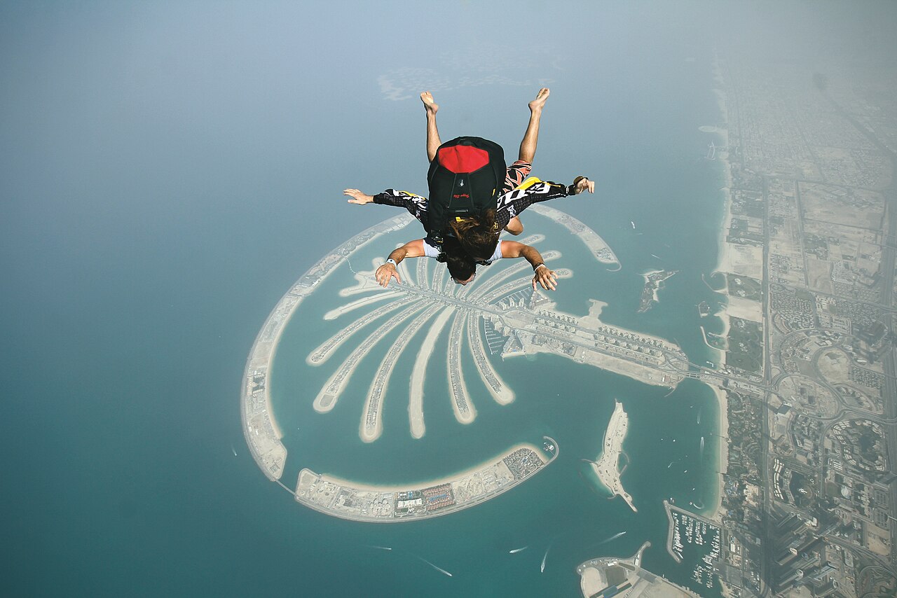 Tandem skydivers above Palm Jumeirah