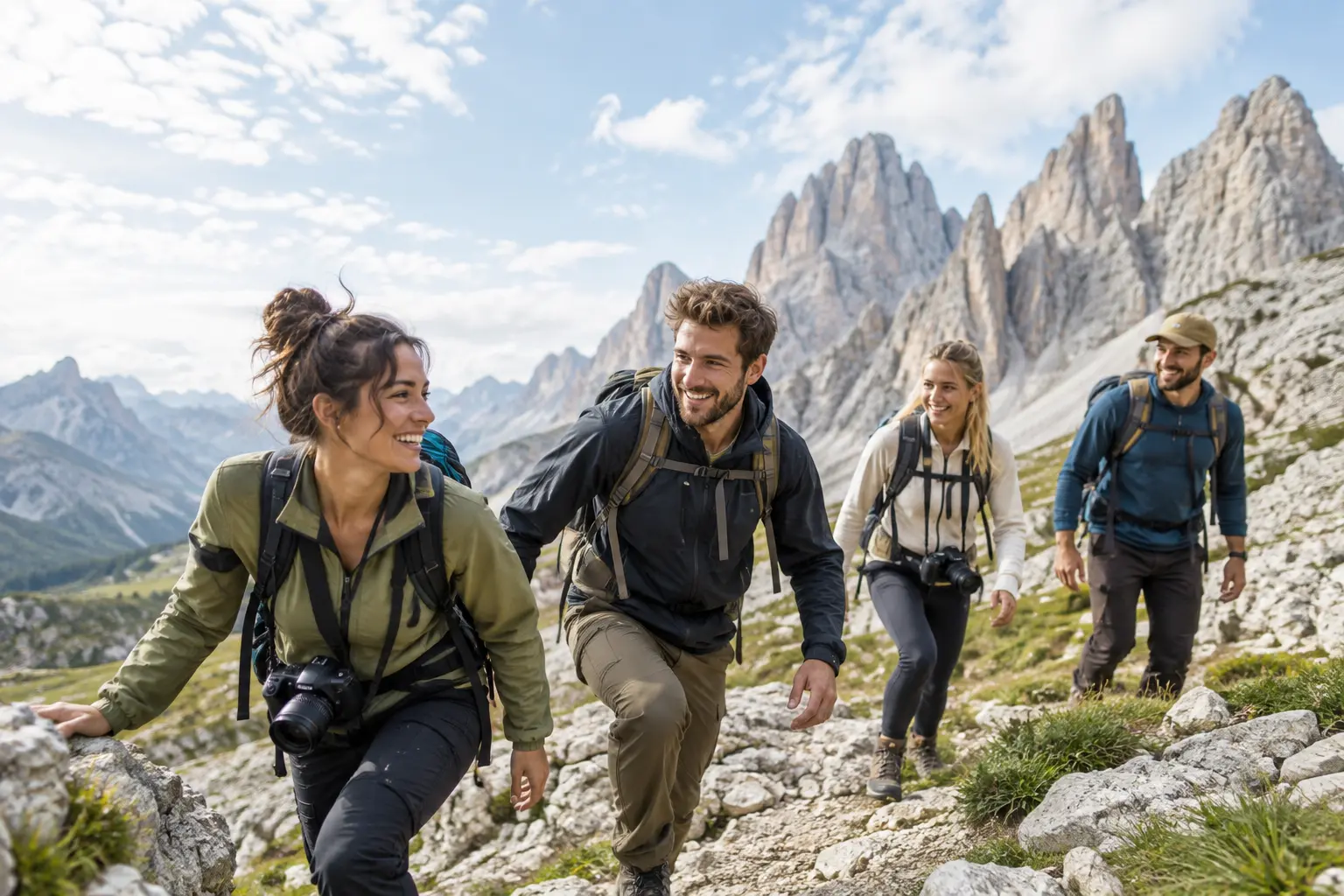 A group of travelers hiking together in a mountain landscape